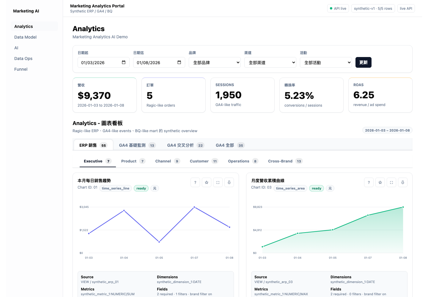 Marketing Analytics 合成資料儀表板，顯示跨來源行銷指標與分析介面